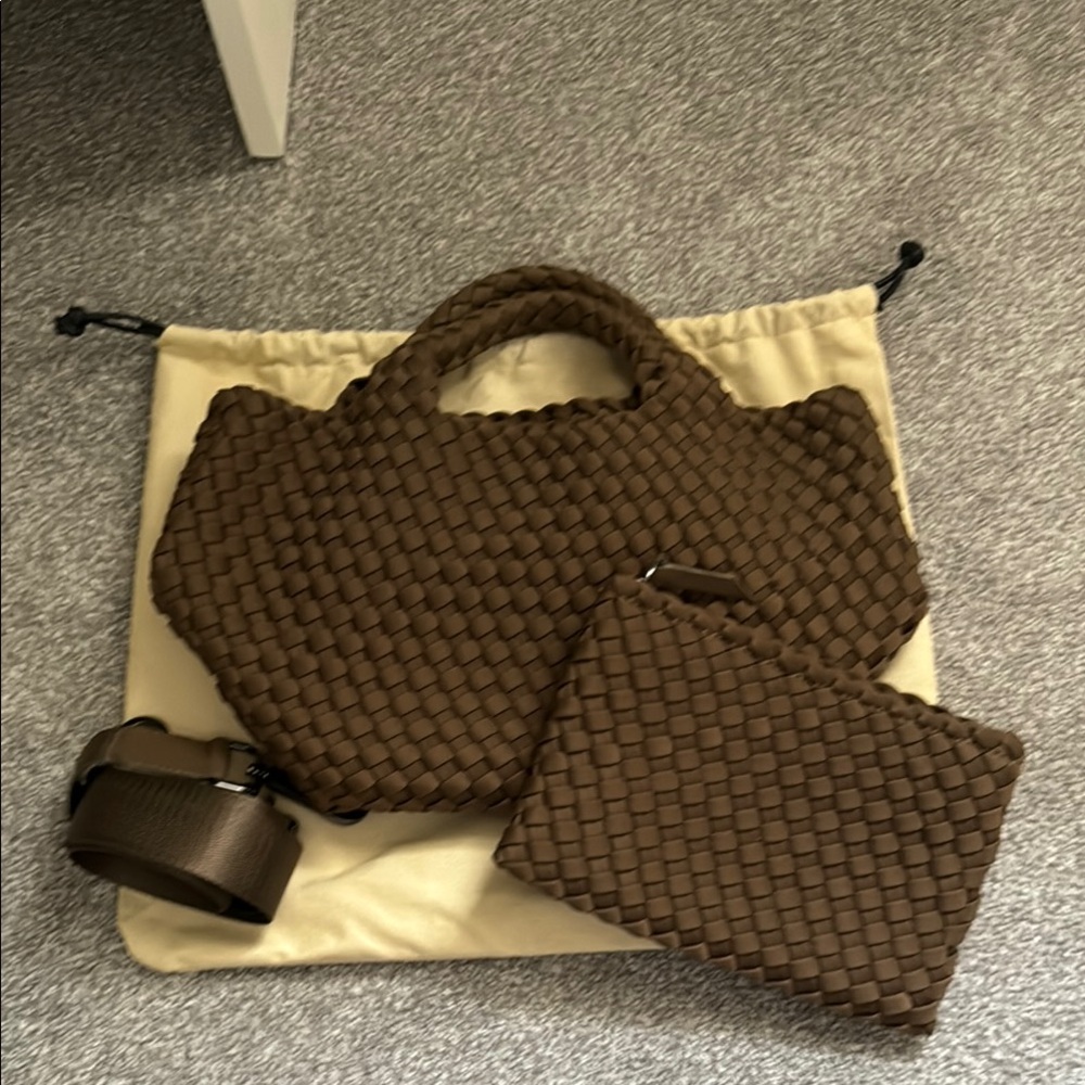 Naghedi Brown Shoulder Bag Set with Textured Design and Matching Clutch
